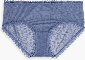 Lace-trimmed flocked stretch-mesh low-rise briefs