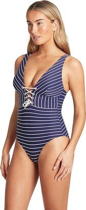 Shoreline Lace-Up Longline One-Piece (Navy) Women's Swimsuits One Piece