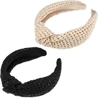 Unique Bargains Women's Bohemian Style Knotted Straw Rattan Sponge Headband Black Beige 2 Pcs