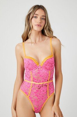 Women's Contrast Lace Lingerie Bodysuit in Cantaloupe/Pink Small