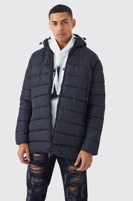 Mens Black Quilted Longline Puffer With Hood