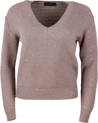 V-neck Sweater Made With English Rib Knit In Soft Wool Embellished With Micro Sequins-AA
