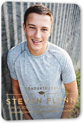 Graduation Announcements: Modern Line Grad Graduation Announcement, White, Gold Foil, 5X7, Matte, Personalized Foil Cardstock, Rounded