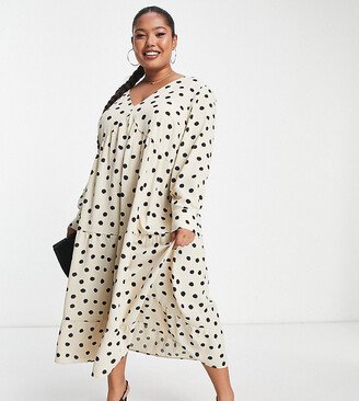 Pretty Lavish Curve balloon sleeve midi dress in beige polka dot print