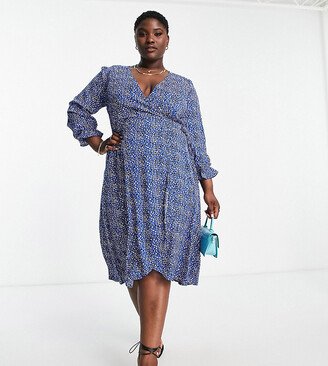 AX Paris Plus wrap midi dress in blue polka dot