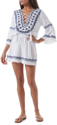 Martina Embroidered Lace-Up Linen & Cotton Cover-Up Dress