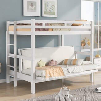 EDWINRAY Twin Over Full Bunk Bed, Down Bed can be Converted into Daybed with Ladder, Wood Bedroom Bedframe for Kids Adults, White