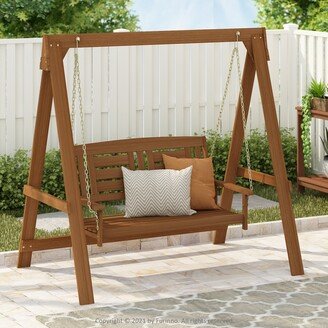 Tioman Hardwood Hanging Porch Swing with Stand in Teak Oil - 2-Seater