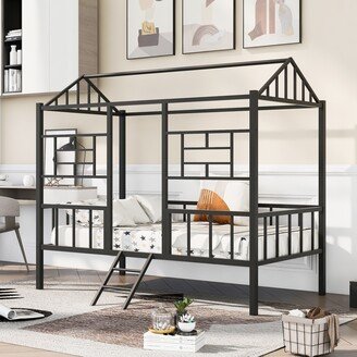 Calnod Contemporary Twin Size Metal House Bed with Safety Guardrails and Iron Frame Support