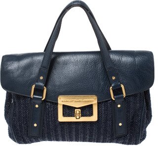 Blue Straw and Leather Flap Satchel