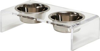 Hiddin Small Clear Double Bowl Pet Feeder, 3.5 Cup Silver Bowls-AA