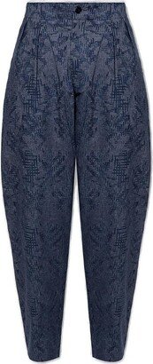 Graphic-Printed Pleated Wide-Leg Trousers