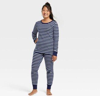 EV Holiday Women's Striped 100% Cotton Matching Family Pajama Set - Navy