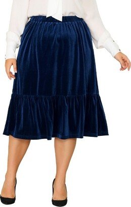 Agnes Orinda Agne Orinda Women' Plu Size Velvet Elatic Wait Ruffle Hem Party Midi Skirt Navy Blue 3X