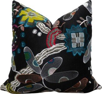 Vintage Pillow Cover - Black Embroidered Silk Velvet Backing, , , ,