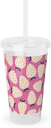 Travel Mugs: Strawberries - Cream On Pink Acrylic Tumbler With Straw, 16Oz, Pink