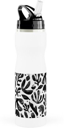 Photo Water Bottles: Flower Cutouts - Neutral Stainless Steel Water Bottle With Straw, 25Oz, With Straw, Black