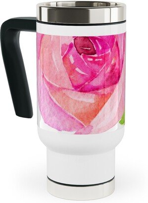 Travel Mugs: Spring Peonies, Roses, And Poppies - Watercolor Travel Mug With Handle, 17Oz, Pink