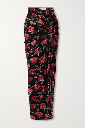 Appliquéd Floral-print Stretch-jersey Maxi Skirt - Black