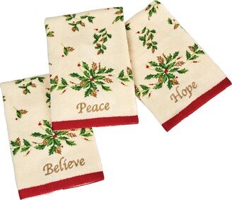 Collections Etc Inspirational Holly Leaves Fingertip Ivory Towels - Set of 3