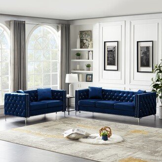 IGEMAN 2-Piece Velvet Upholstered Sofa, Tufted Back 3-Seater Sofa and Loveseat Set with Jeweled Buttons & Nailheads, Pillows Included