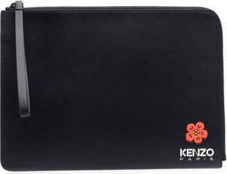 Black Clutch Bag with Logo Patch and Wrist Strap in Leather Man-AA