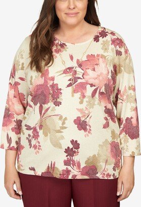 Plus Size Mulberry Street Floral Shimmer Printed Sweater