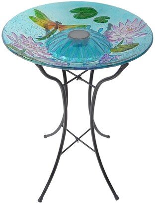 Outdoor 18In Hand Painted Dragonfly Fusion Glass Solar Bird Bath-AA