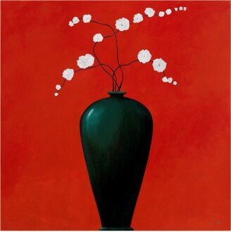 Pablo Esteban Green Vase Over Red Canvas Art - 15.5 x 21