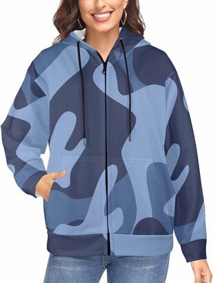 LOSARON Blue Camouflage Fabric Pattern Women's Fall Outfits Full-Zip Hooded Sweatshirt Workout Sweat Jackets Fall Outfits with Thumb Holes L