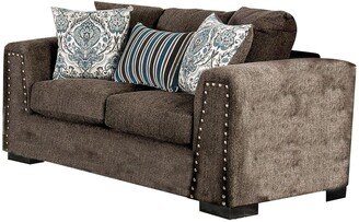 Modern Fabric Upholstered Wooden Loveseat with Nailhead Trim, Brown