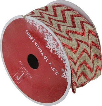 Northlight Red and Beige Chevron Wired Christmas Craft Ribbon 2.5