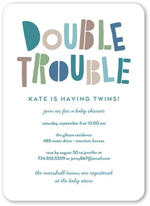 Baby Shower Invitations: Double The Trouble Baby Shower Invitation, Blue, 5X7, Matte, Signature Smooth Cardstock, Rounded