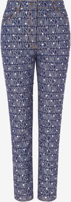 Allover Logo Denim Trousers With Rhinestones