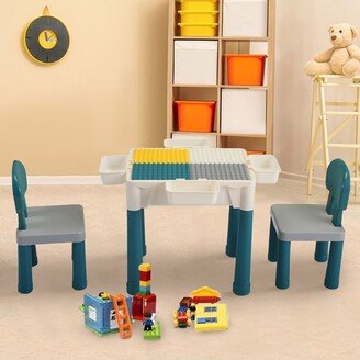 WELLFOR Kids Multi-Activity Table & 2 Chairs Set Building Blocks Toy Compatible Storage Table,Gray + Green