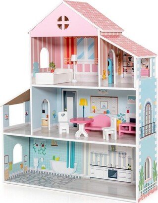 3-Tier Toddler Doll House with Furniture Gift for Age 3+ - 28.34 x 9.25 x 34.25