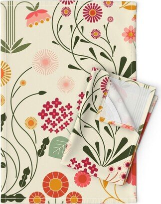 Floral Tea Towels | Set Of 2 - Millefleurs By Maeparadise Flowers Garden Nature Botanical Green Red Linen Cotton Spoonflower