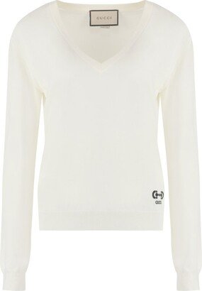 V-Neck Logo Embroidered Knit Sweater