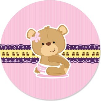 Big Dot Of Happiness Girl Baby Teddy Bear - Baby Shower Circle Sticker Labels - 24 Count