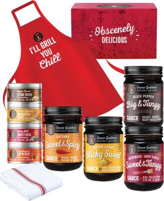 Sauce Goddess Chef Sampler Bbq Sauce and Spice Gift Set with Kitchen Towel, Set of 8