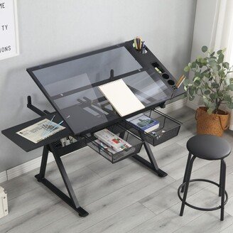 Adjustable Tempered Glass Drafting Table Drawing Table with Stool