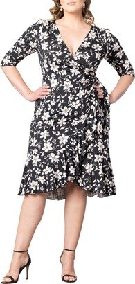 Women's Plus Size Flirty Flounce Midi Wrap Dress with 3/4 Sleeves