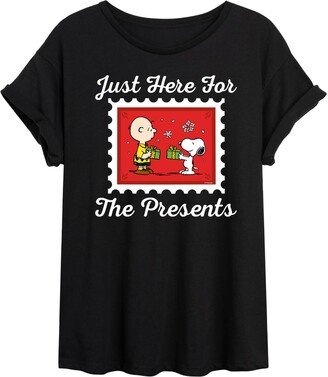 Hybrid Apparel - Peanuts - Christmas - Just Here for The Presents Stamp - Juniors Flowy Muscle T-Shirt - Size Large Black