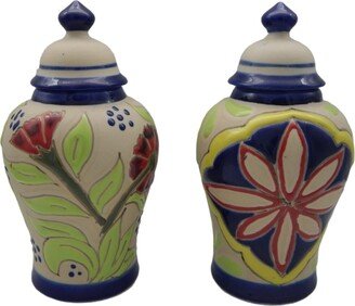 Set Of 2 Talavera Mexican Glazed Pottery Tibor Ginger Jar Canister with Lid Hanpainted # 02