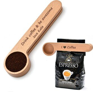 Personalised Coffee Gift, Two-In-One Wood Spoon With Bag Clip Ground Tea Coffee Scoop Portable Seal Powder Measuring Tools