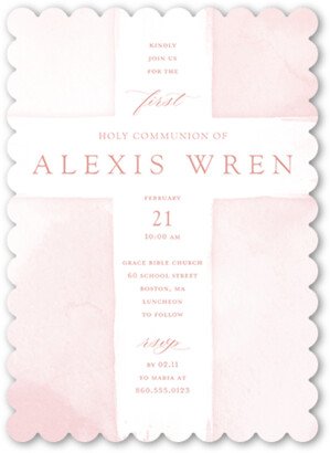 First Communion Invitations: Watercolor Cross Girl Communion Invitation, Pink, 5X7, Pearl Shimmer Cardstock, Scallop