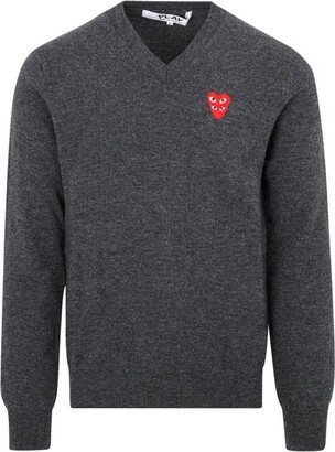 Heart Patch V-Neck Knit Jumper-AA