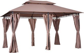 10' x 13' Outdoor Soft Top Gazebo Pergola with Curtains, 2-Tier Steel Frame Gazebo for Patio, Khaki - Beige/Khaki