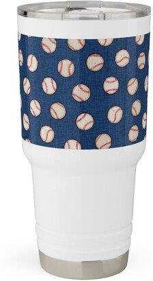 Travel Mugs: Baseball Balls On Blue Linen Travel Tumbler, 30Oz, Blue