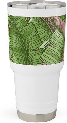 Travel Mugs: Banana Leaf - Pink Travel Tumbler, 30Oz, Green